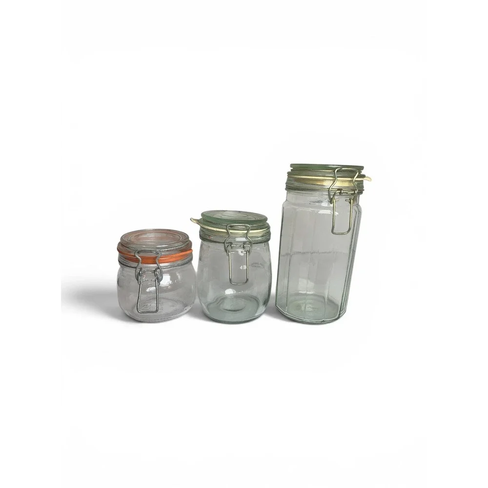 Vintage Clear Glass Wire Bale Jars Swing Top Clamp Lid Canisters Mixed Lot of 3‎